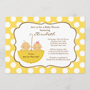 Twins Umbrella Baby shower Invitation Yellow Kaart
