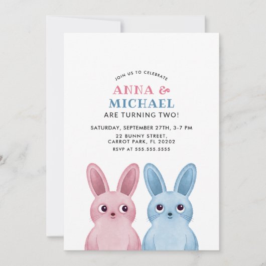 Twins Verjaardag met blauwe en roze konijnen Kaart (Voorkant)