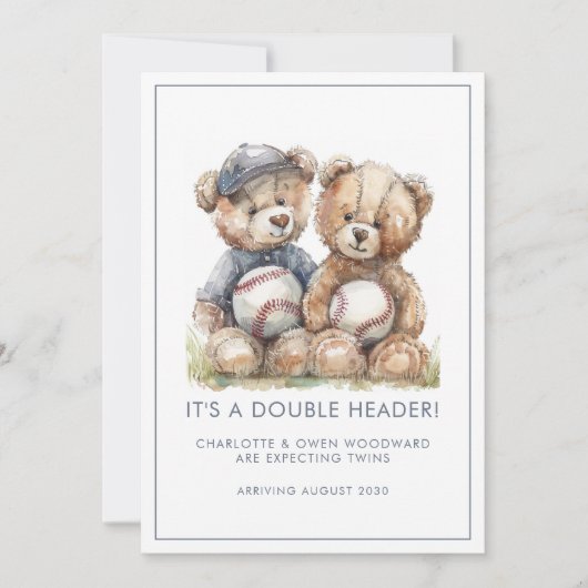 Twins Watercolor Teddy Bears Pregnancy Aankondiging (Voorkant)