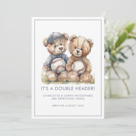 Twins Watercolor Teddy Bears Pregnancy Aankondiging (Staand voorkant)