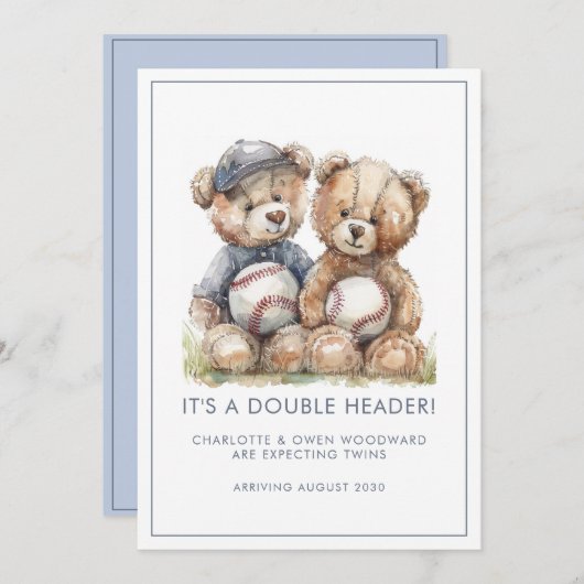 Twins Watercolor Teddy Bears Pregnancy Aankondiging (Voorkant / Achterkant)