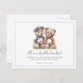 Twins Watercolor Teddy Bears Pregnancy Aankondigingskaart (Voorkant / Achterkant)