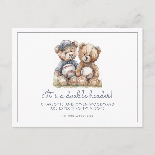 Twins Watercolor Teddy Bears Pregnancy Aankondigingskaart (Voorkant)