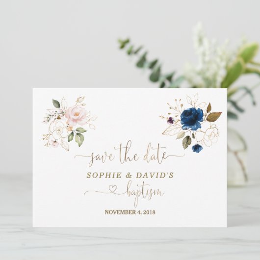 Twins Waterverf Pink Blue Floral Gold Baptisme Save The Date (Staand voorkant)