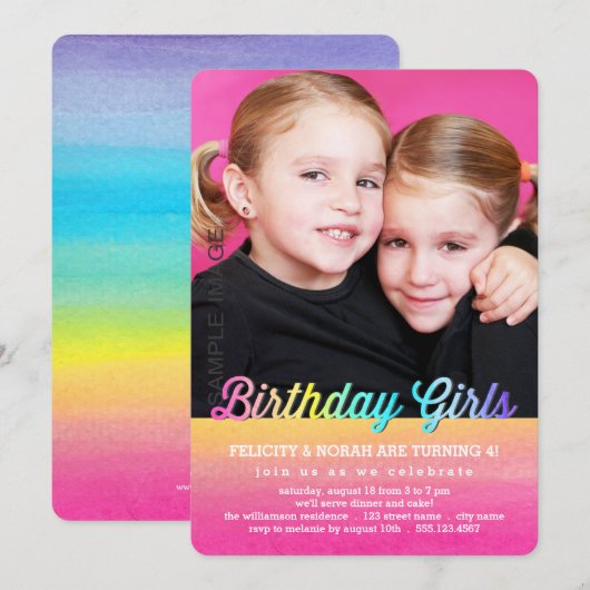 Twins Waterverf Rainbow Birthday Party Invitation Kaart (Voorkant / Achterkant)
