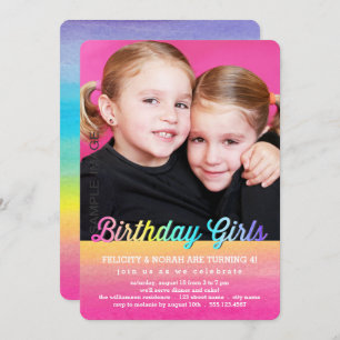 Twins Waterverf Rainbow Birthday Party Invitation Kaart