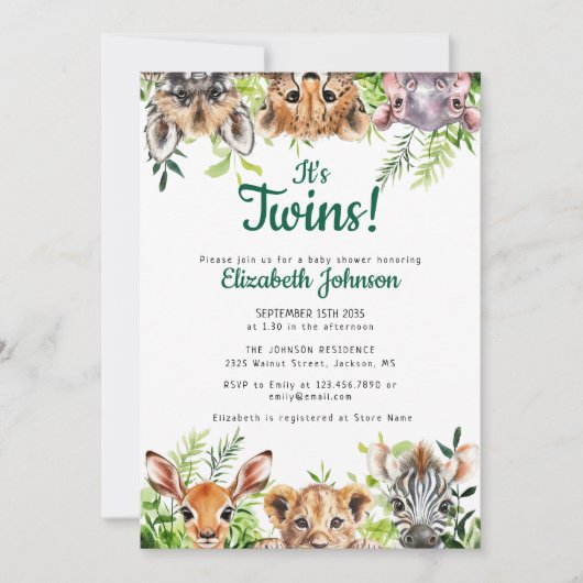 Twins Waterverf Safari Animals Baby shower Kaart (Voorkant)
