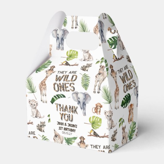 Twins Wild One Baby Jongens 1e verjaardag Safari Bedankdoosjes (Voorkant Zijde)