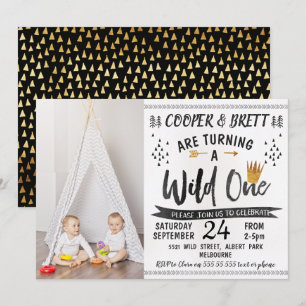 Twins Wild One Photo 1st Birthday Invitation Kaart