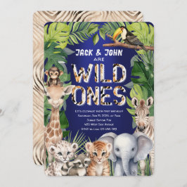 Twins Wild Ones, Oerwoud Safari Navy 1e verjaardag Kaart