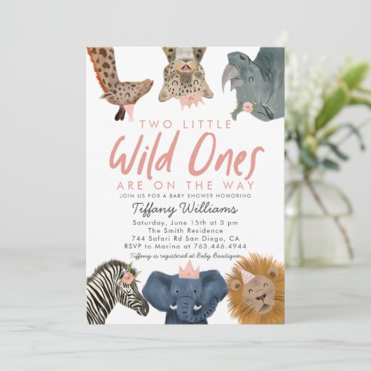 TWINS Wild Ones Safari Girls Baby shower Kaart (Staand voorkant)