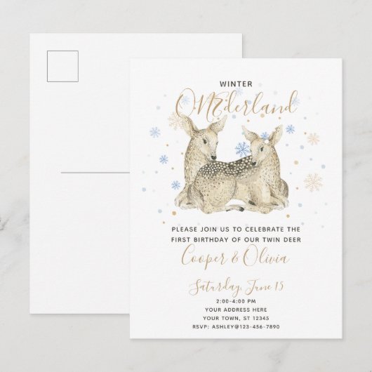 Twins Winter ONEderland Deer Baby's 1ste verjaarda Uitnodiging Briefkaart (Voorkant / Achterkant)