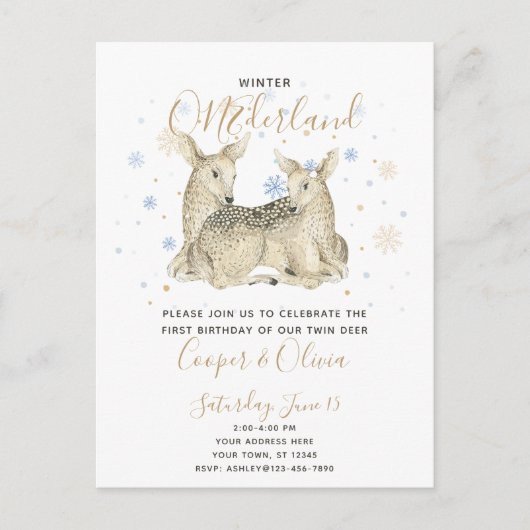 Twins Winter ONEderland Deer Baby's 1ste verjaarda Uitnodiging Briefkaart (Voorkant)