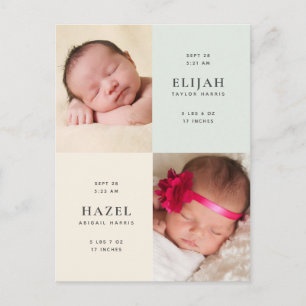 Twins Yellow & Green Photo Birth Announounement Briefkaart