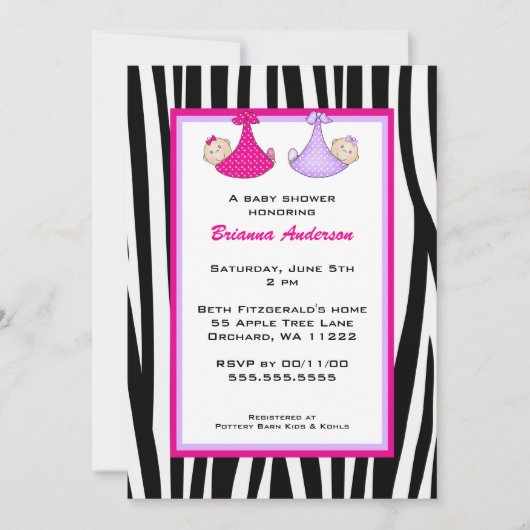 Twins Zebra Hot Pink en Paars Baby shower nodigen Kaart (Voorkant)
