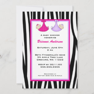 Twins Zebra Hot Pink en Paars Baby shower nodigen Kaart
