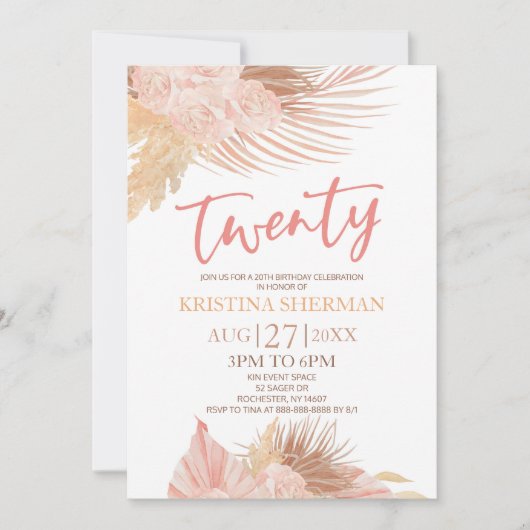 Twintig Boho Roze Bloem 20e Verjaardagsfeest Kaart (Voorkant)