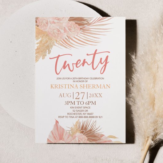 Twintig Boho Roze Bloem 20e Verjaardagsfeest Kaart