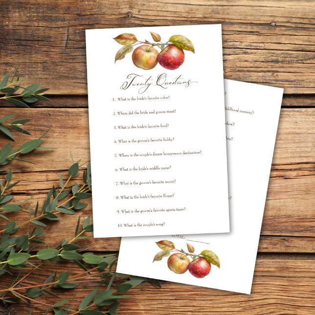 Twintig vragen apple herfst vrijgezellenfeest spel (Twenty questions apple fall bridal shower game card appley ever after bridal shower games)
