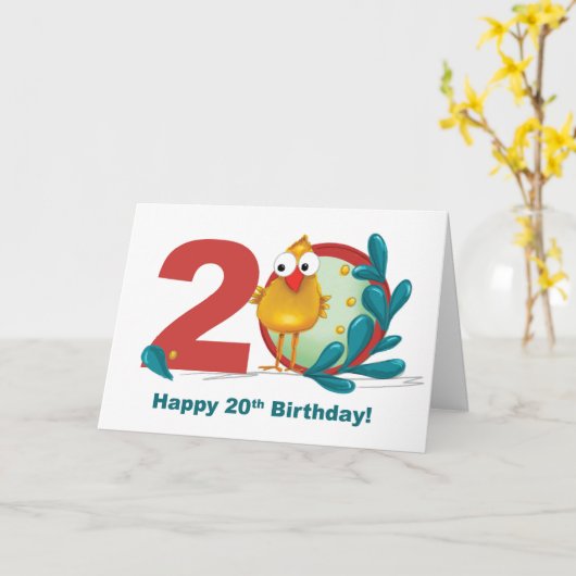 Twintigste 20 Verjaardag met Funny Bird en Branch Kaart (Gele Bloem)