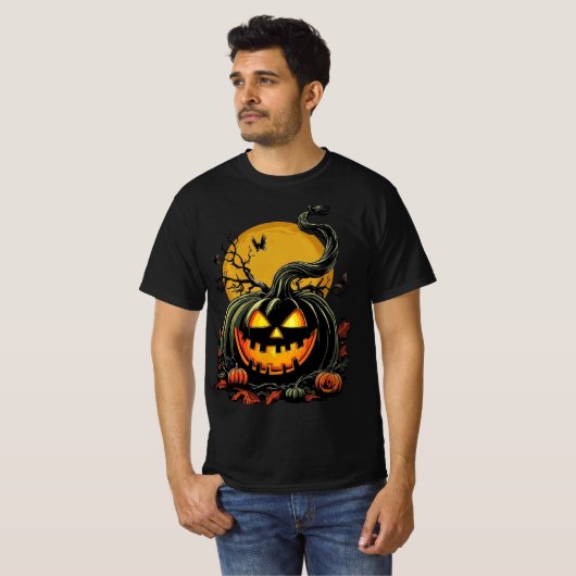 Twisted Grinning Pumpkin Halloween Design T-shirt (Voorkant volledig)