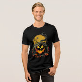 Twisted Grinning Pumpkin Halloween Design Tri-Blend Shirt (Voorkant volledig)