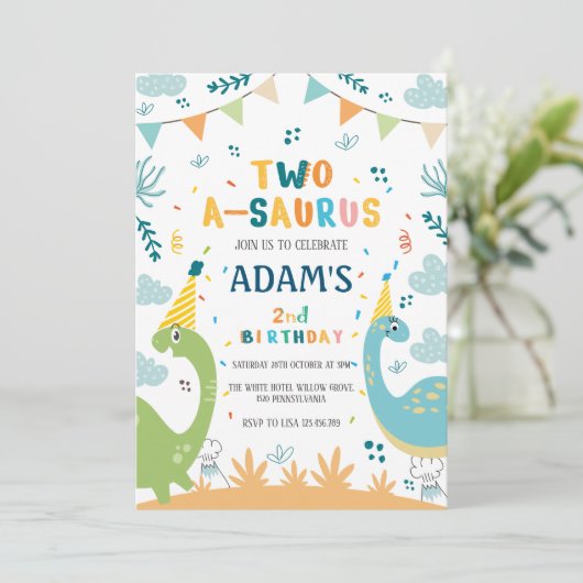 two-a-saurus 2e verjaardag Groene & Blauwe Dinosau Kaart (Staand voorkant)