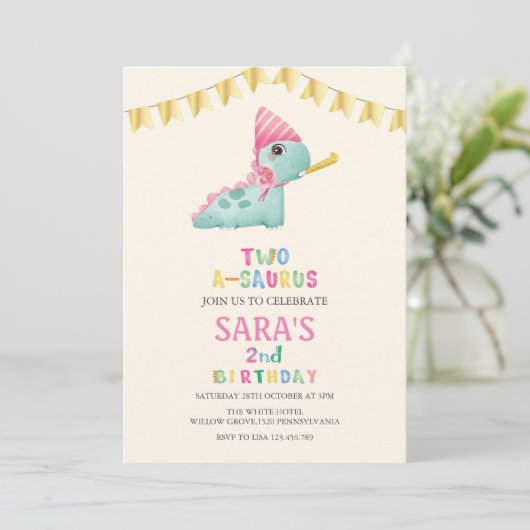 two-a-saurus 2e Verjaardag Schattigee Dinosaurus Kaart (Staand voorkant)