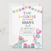 two-a-saurus 2e verjaardagsfeestje Twee Blauwe Din Kaart (Voorkant)