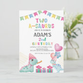 two-a-saurus 2e verjaardagsfeestje Twee Blauwe Din Kaart (Staand voorkant)