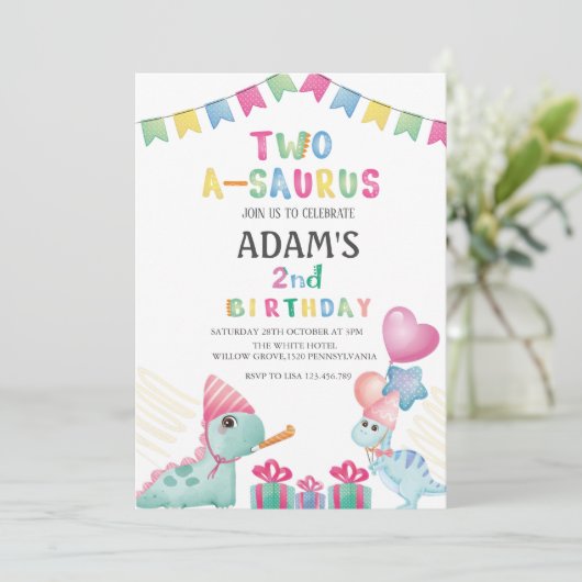 two-a-saurus 2e verjaardagsfeestje Twee Blauwe Din Kaart (Staand voorkant)