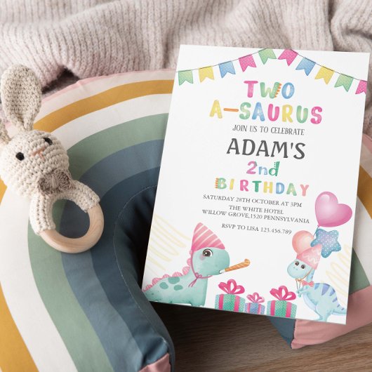 two-a-saurus 2e verjaardagsfeestje Twee Blauwe Din Kaart