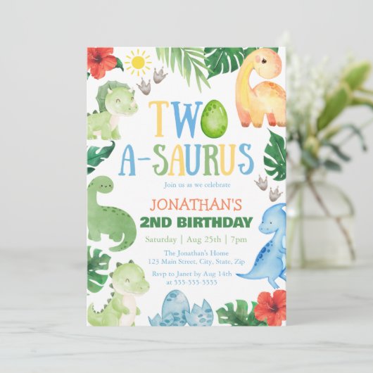 Two A-Saurus Dino 2nd Birthday Kaart (Staand voorkant)
