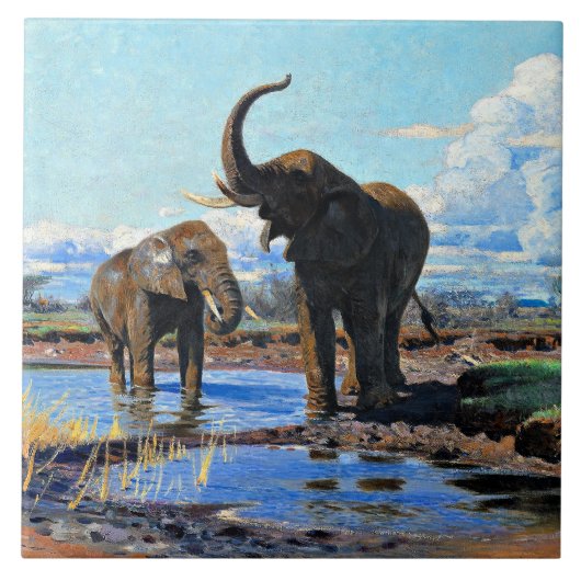 Two African Elephants at Watering Hole Tegeltje (Voorkant)