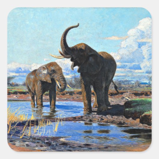 Two African Elephants at Watering Hole Vierkante Sticker (Voorkant)
