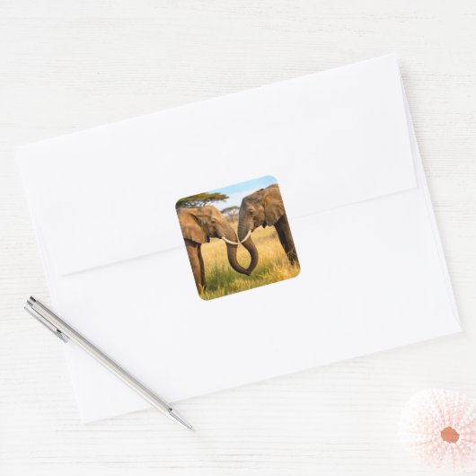 Two African Elephants In Savannah Grass Vierkante Sticker (Envelop)