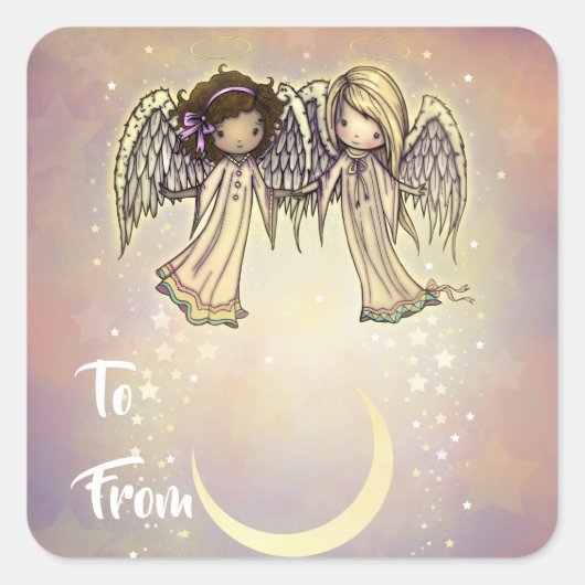 Two Angels and Moon Holiday Gift Label Stickers (Voorkant)