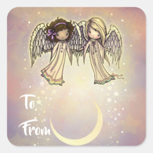 Two Angels and Moon Holiday Gift Label Stickers
