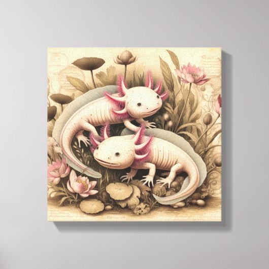 Two Axolotls with Vintage Botanical Touch Canvas Afdruk (Voorkant)