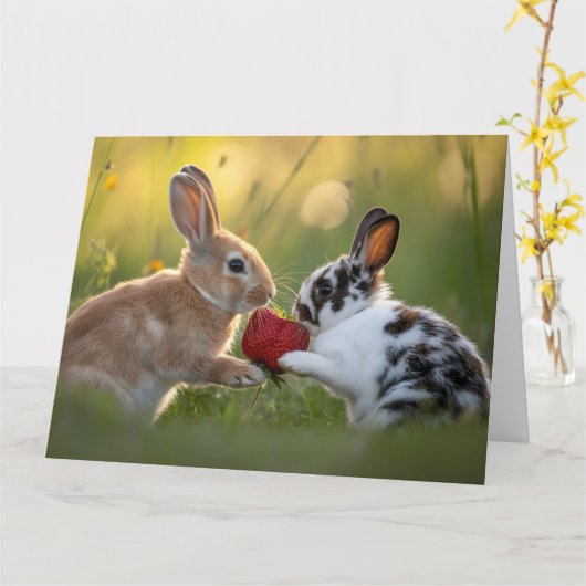 Two Baby Rabbits Sharing a Large Ripe Strawberry Kaart (Gele Bloem)
