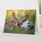 Two Baby Rabbits Sharing a Large Ripe Strawberry Kaart (Voorkant)