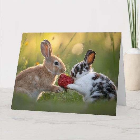 Two Baby Rabbits Sharing a Large Ripe Strawberry Kaart (Voorkant)