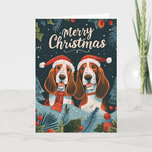 Two Basset Hound Merry Christmas Gepersonaliseerd Feestdagen Kaart (Voorkant)