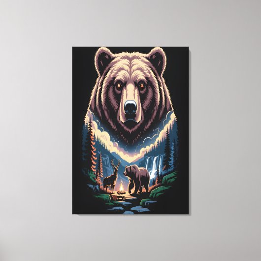 Two bears in the forest dark canvas afdruk (Voorkant)