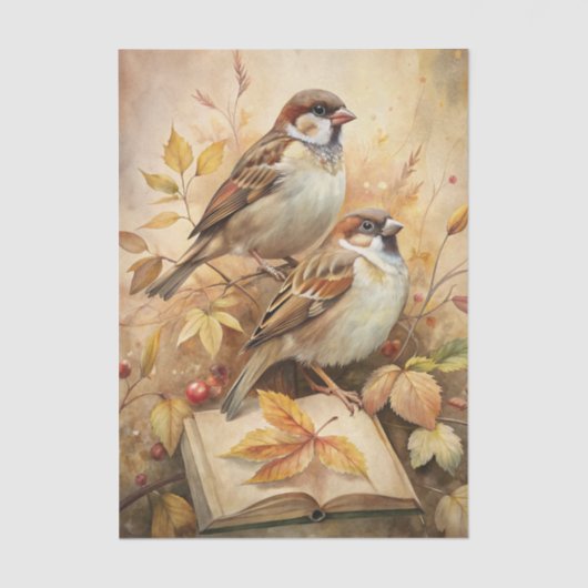 Two Beautiful Birds with Open Book & Autumn Leaves Tissuepapier (Voorkant)