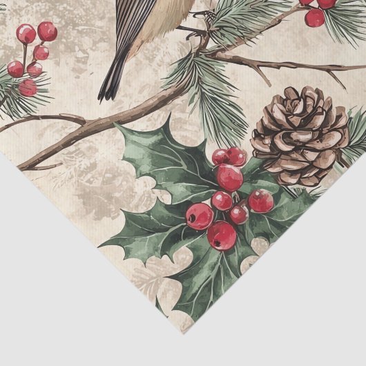 Two Birds on Branches with Holly Berries Tissuepapier (Detail)
