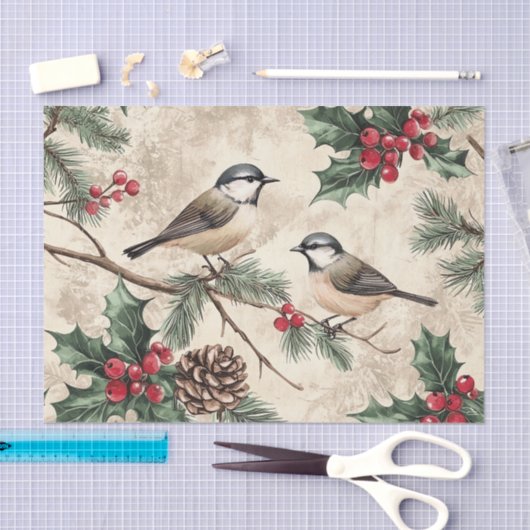 Two Birds on Branches with Holly Berries Tissuepapier (Craft)