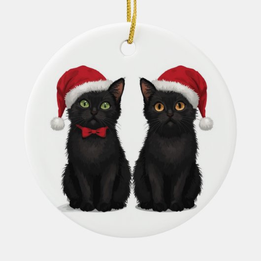 Two Black Kittens Santa Hat Christmas Keramisch Ornament (Voorkant)