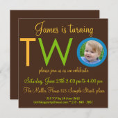 "TWO" Boy Second Birthday Party Photo Invitations Kaart (Voorkant / Achterkant)