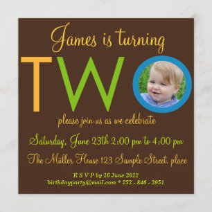 "TWO" Boy Second Birthday Party Photo Invitations Kaart
